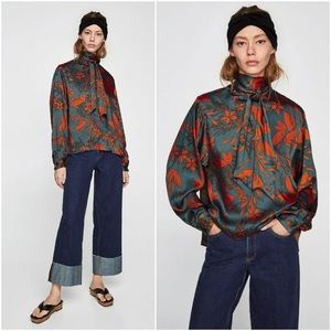 Zara Satiny Floral Long Sleeve Blouse